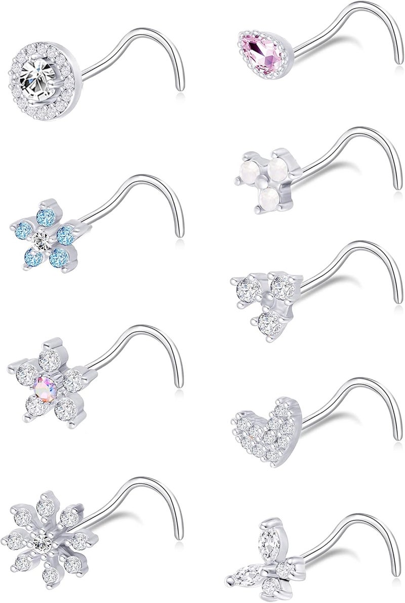 Tornito 9Pcs Nose Rings Stud L Bone Screw Shaped Nose Ring Flower CZ Snowflake Butterfly Screw Nose Stud Body Piercing Jewelry for Women Men 20G Silver Gold Rose Gold Tone - Image 1